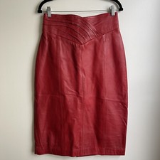 Vintage 80s Ciel Red Leather Pencil Skirt High Waist Midi Size 42 10 29