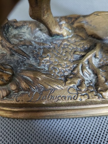 Antike französische Messing Statue, Jagdhundesetzer, signiert Alfred Dubucand - Bild 10 von 12