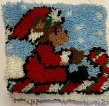Vintage Handmade Latch Hook Bear on Sled Christmas Holiday Decor Pillow 12  