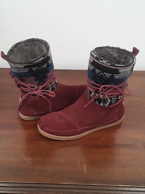 Womens Toms Burgundy Multi Moccasin Winter Suede Lace Mid Boots Size W10 