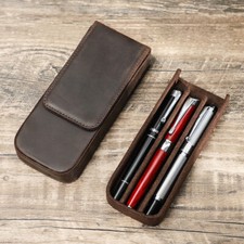 Genuine Leather 3 Slots Hard Fountain Pen Case Storage Box Office Supply Pouch