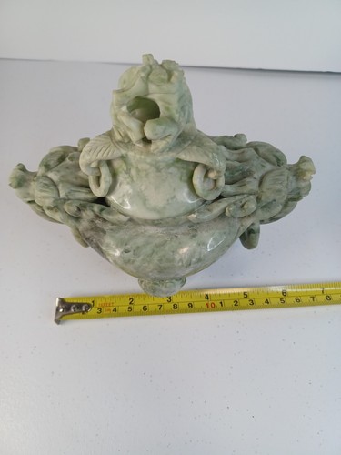 Vintage chinesische handgeschnitzte grüne Jade Drachen Weihrauchbrenner Zenser - Bild 14 von 15