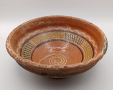 Antique 19th Century Slipware Redware Pottery Rustic Farmhouse Bowl