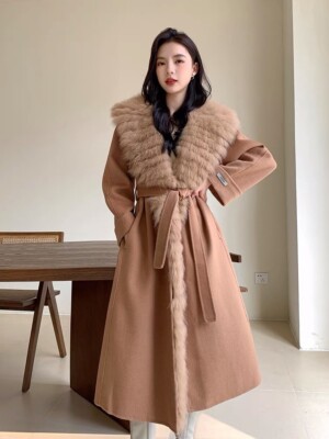 Womens Double-sided Wool Coat Long Detachable Real Fox Fur