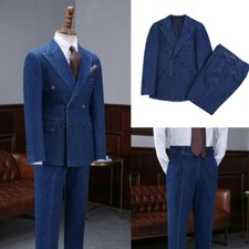 Denim Men Suits Peak Lapel Blazer Double Breasted 2 Pcs Business Casual Tuxedos