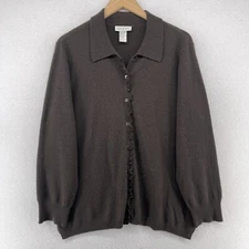 ELANA BY TANNER Sweater 1 100% Cashmere Collared Ruffle Button Up Cardigan Brown