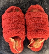 UGG Fluff Yeah Red Shearling Slide Slippers Women's Size 6 Comfort Fur Trim