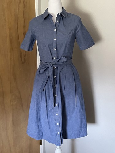 Boden Anastasia Shirt Dress Women's US 6R/UK 10R Blue Chambray Pockets Tie Waist