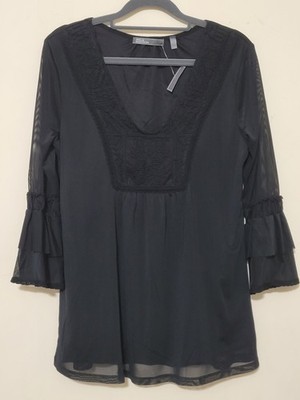89th & Madison Blouse Top Size M Black 3/4 Sleeves Mesh Embroidered Goth NWT