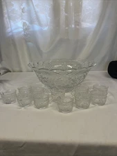Vintage Glass Punch Bowl W/ 11 Matching Cups & Ladle (READ)