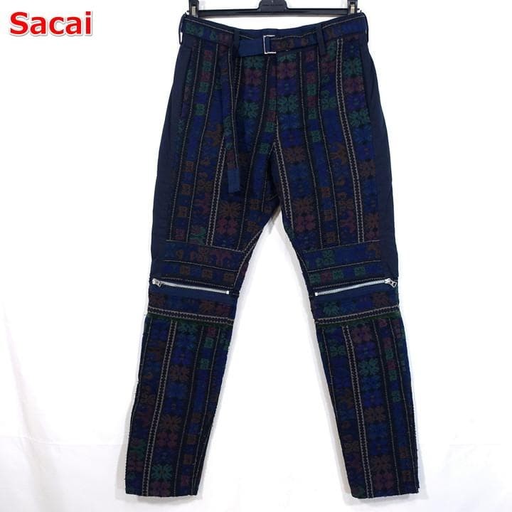 Sacai Embroidered Jacquard Zip Pants S Navy Nylon Cotton Vintage Condition
