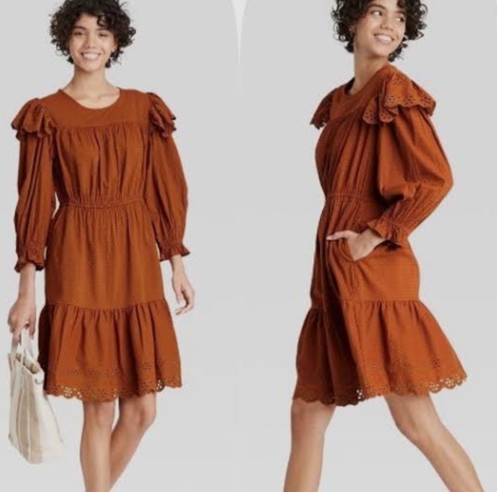 UNIVERSAL THREAD RUST  BROWN PUFF SLEEVE RUFFLE D… - image 1