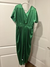 Green Satin Pleated V-Neck Short Sleeve Midi Dress XL Side Slit