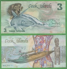 Cook Islands 3 Dollars UNC Banknote P-3a 1987 Stains Ina Shark Lady