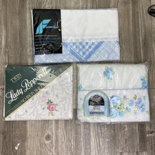 Vintage Twin Sheet Lot NOS Set of 3 Flat Sheets Blue Pink Floral Check