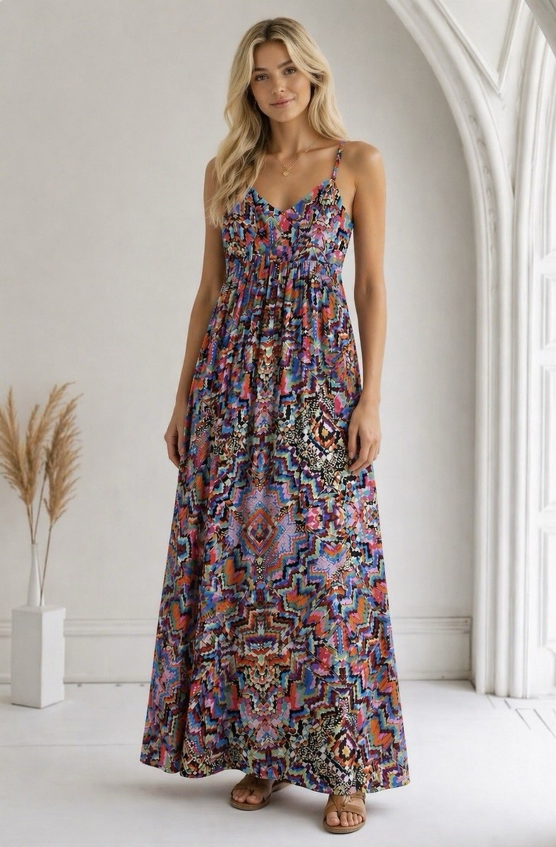 Felicity & Coco Multi Print Maxi Dress Medium Lightweight Summer Resort Chic Felicity & Coco Multi Print Maxi Dress Medium Lightweight Summer Resort Chic