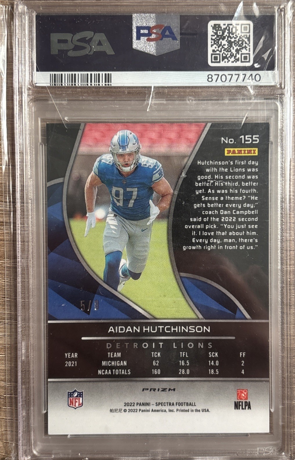 2022 Spectra Aidan Hutchinson Rookie Neon Splatter #5/8 Pop 1 PSA 10 view 2