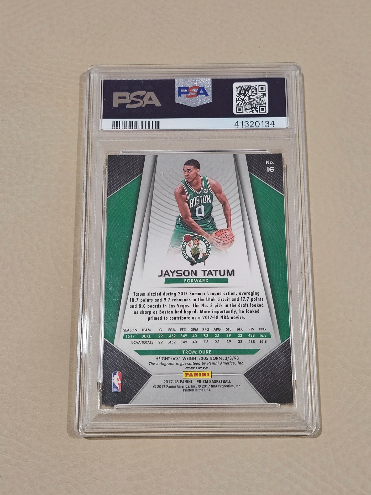 2017 PANINI PRIZM #16 JAYSON TATUM FAST BREAK PRIZM-AUTO PSA 9 view 2