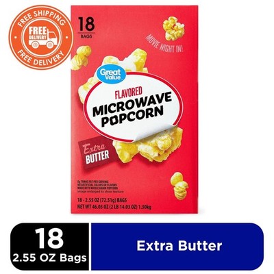 Great Value Extra Butter Flavored Microwave Popcorn, 2.55 oz Bags, Pack of 18