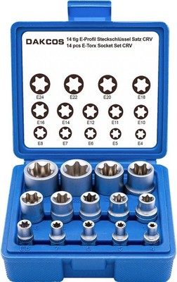 DAKCOS 14pcs Female E-Torx Star Socket Set, External Socket Set 1/4'' 3/8'' 1/2''