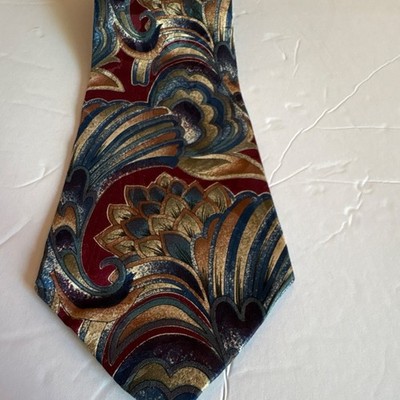 Boston's Trader Men's Silk Tie Burgundy Blue Gold Green Abstract Floral