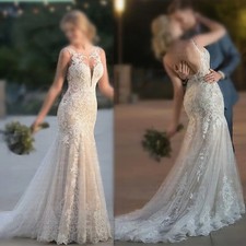 Boho Mermaid Wedding Dresses Boat Neck Sleeveless Lace Appliques Bridal Gowns