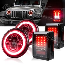 Red Angel Eyes 7 Led Headlight Tail Brake Lights For Jeep Wrangler Jk 07-18