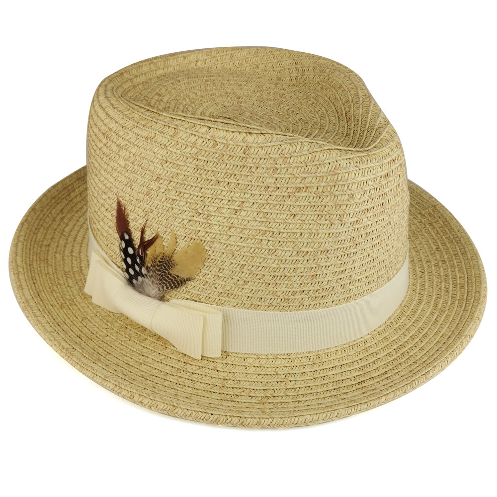 Paper Straw Wide Brim Fedora Hat with Grosgrain Band and Feather