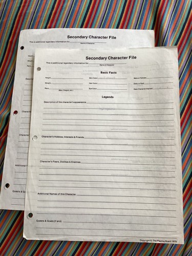 Secondary Character Record Sheet, For D&D or other FRPG's, Good Cond, Original - Picture 1 of 2