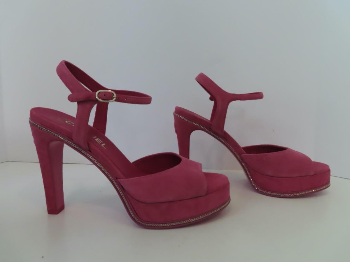 CHANEL★素敵!23S Fuchsia Suede Heeled Sandals EU38.5 NIB CHANEL 23S Fuchsia Suede Interlocking CC Heeled Sandals