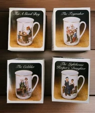 Norman Rockwell Museum Collectible 1982 Classic 4 Mug Set w Boxes 24K Gold Trim