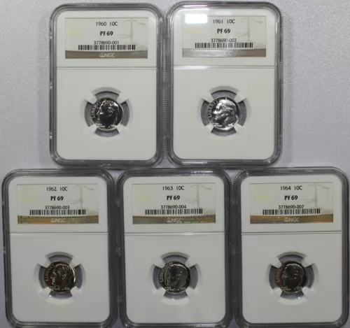 1960 - 1964 ROOSEVELT SILVER DIME PROOF RUN ALL PF 69 NGC - NICE!