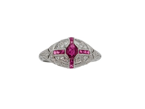 Art Déco Rubino Diamante Platino Anello Antico Ispirato Naturale Fatto a Mano