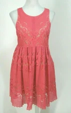 Free People Dress Sz 6 Lace Sleeveless Fit Flare Skater Salmon Coral Pink