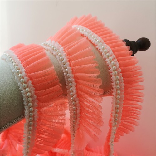 2M Lace Net Ruffle Trim Faux Pearl Beaded Pleated Mesh Ribbon Edge Sewing Decor - Picture 26 of 32
