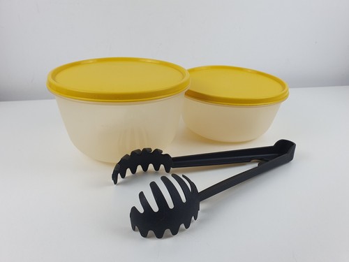 3x Tupperware - 2x Mixing Bowls (2L & 1.5L) Yellow Lids + 1x Salad Tongs Bundle
