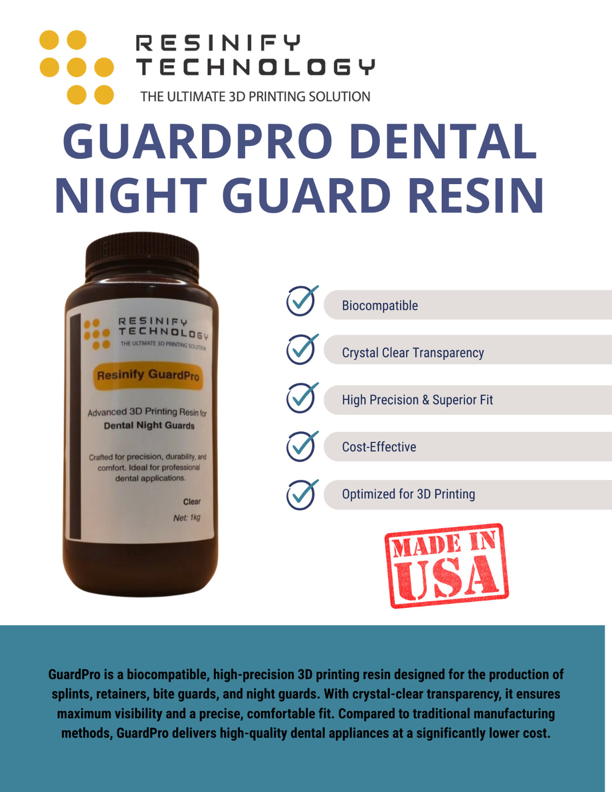 GuardPro Dental Night Guard Resin for 3D Printing Splints, Clear