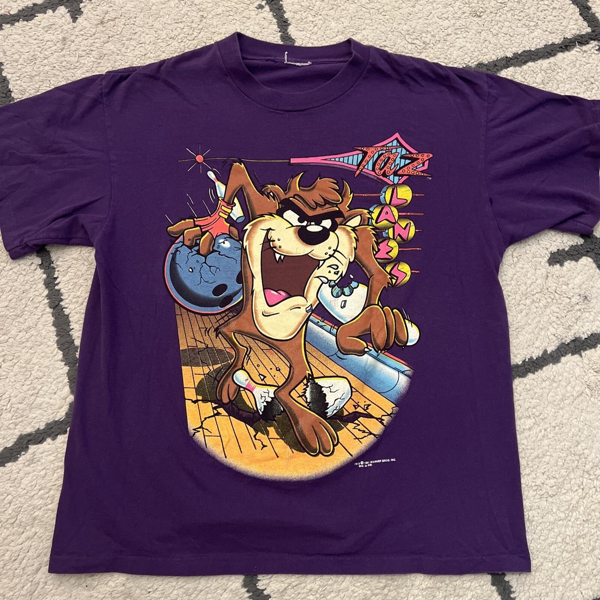 Vintage 1991 Taz Lanes Bowling T-shirt Looney Tunes Purple L XL WB No Tag  90s