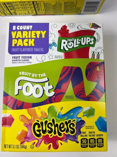 2 Boxes Fruit Variety Snacks- 8 Roll-Ups, 8 by the Foot, 8 Gushers, 16 Count - Picture 2 of 5