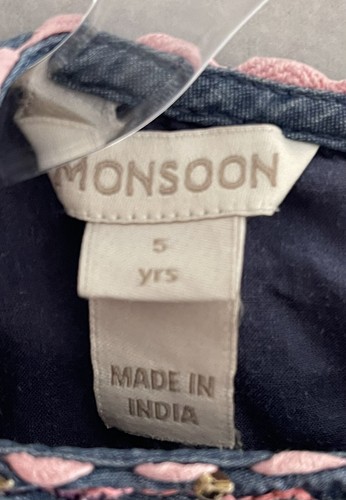 Monsoon Dress Girls 5 Blue Chambray Embroidered Bodice Missing Sleeve Button - Picture 8 of 8