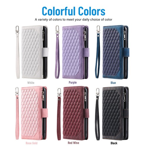 Zipper Grid Leather Wallet Phone Case For iPhone 14 13 12 11 Pro Max X XR SE 8 7 - Picture 9 of 55