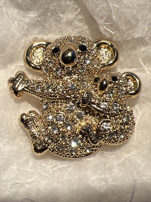 Vintage Napier Koala Bears Brooch Gold Tone Rhinestone Crystals Momma Baby Pin