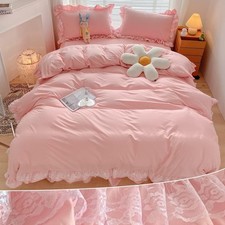 Chic Ruffle Lace Polyester Duvet Cover Set -Girl Pink Bedding-2 Piece Twin Duvet