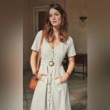 SEZANE Marianne Blue Ecru Striped Short Sleeve Midi Dress FR 34 US 2