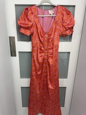 cinq à sept Pink Orange Abstract Puff Sleeve Ruched Button Long A-Line Dress 4