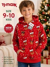 NEW Kids Christmas Reindeer Hoodie Red Holiday Pullover Size 9/10