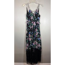 Express Floral Lace Trim Maxi Dress Black Pink Blue Lace Up V-Neck Petite 0