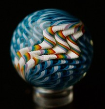 Bryan Trillas Glass Marble/ Filigrana Cane/ UV Reactive/Rainbow  Blues/ 1.4 in