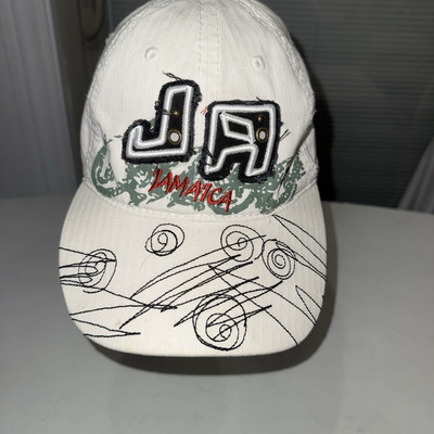 J A Jamaica w Distressed Letters Swirled embroidered bill Hat WhiteCap Hook Loop