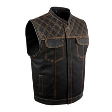 Mens Black Denim Leather Motorcycle Club Vest Orange Thread Diamond Padding